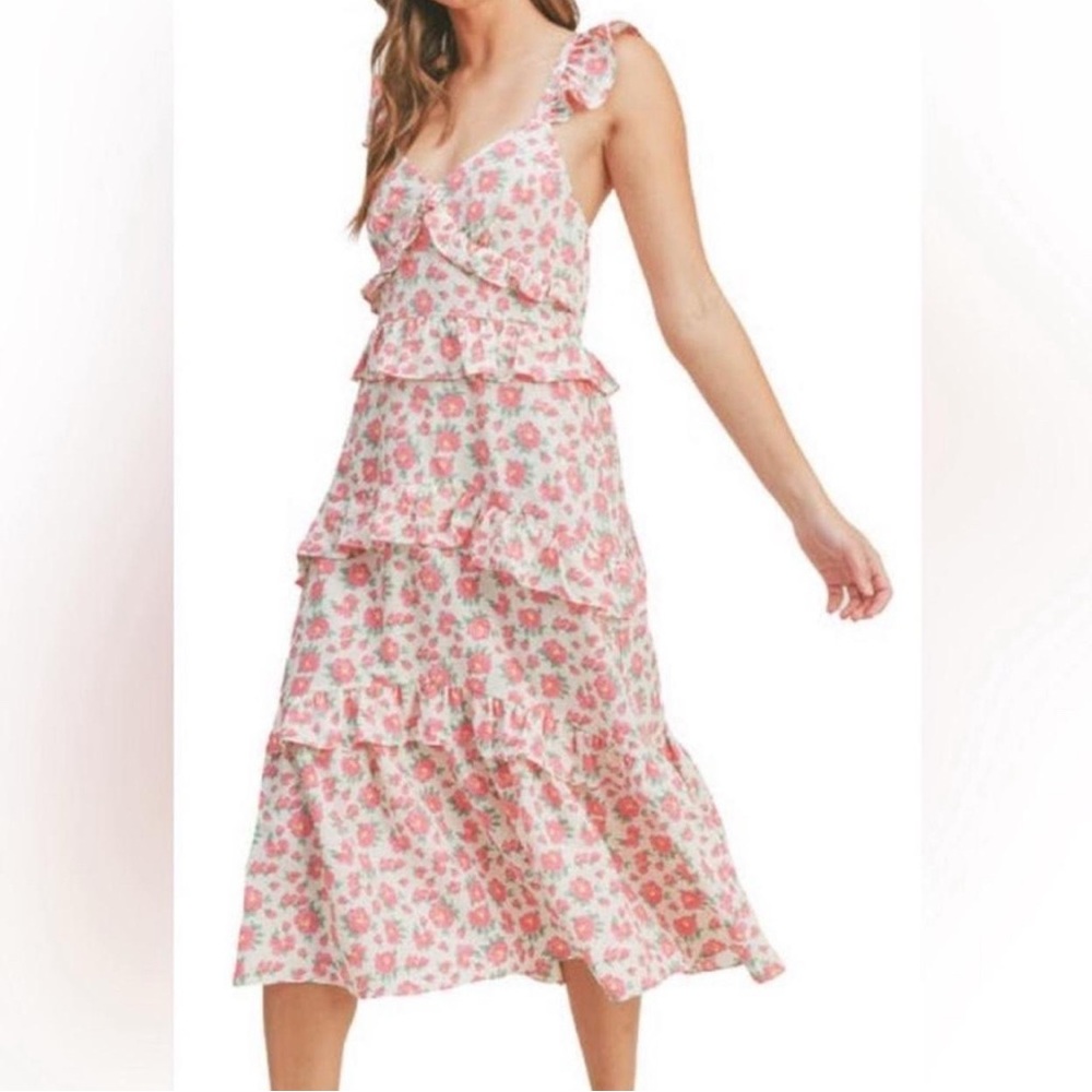 Lush Pink Floral Tiered Midi Dress